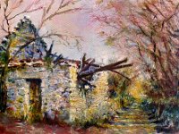 Cabane en ruine au bord d'un chemin du causse de Rignac Huile sur toile marouflée sur panneau, 20x27cm Disponible