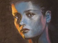 Femme ocre et bleu Pastel 40 x 30 cm Disponible